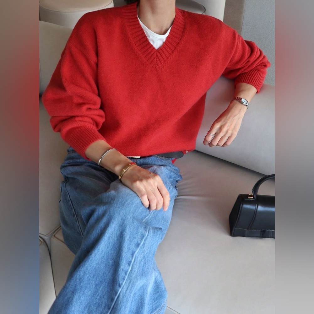 Vintage Red 100% Cotton Fishermancore Classic 90s Vneck Chunky Knit Sweater